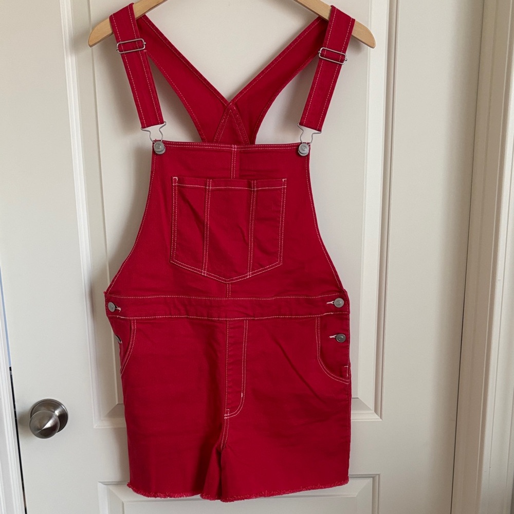 No Boundaries Red Denim Overall Jean Shorts